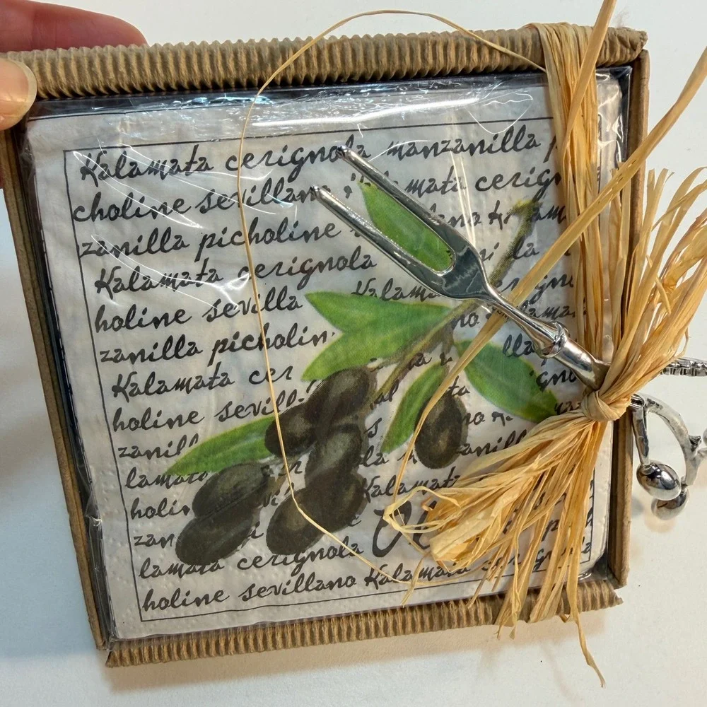 Mud Pie Olive Napkin Set Silver Olive Branch Fork Server Rustic Party Dinner NEW